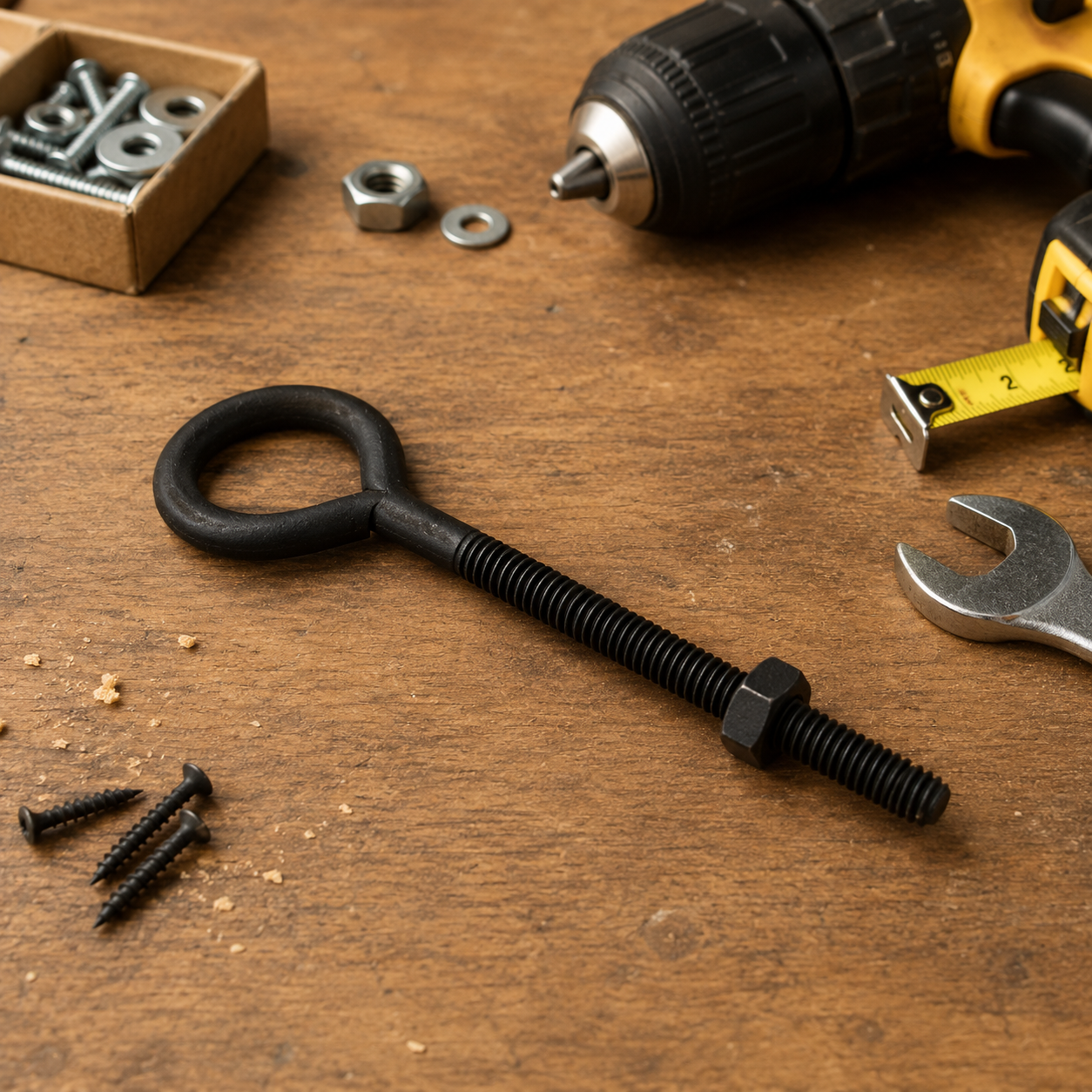 2 Pc. 5/16" x 5" Black Steel Eye Bolt with Hex Nut, Coarse Thread, Plain Finish, Interior/Exterior Use, Heavy Duty Threaded Eye Bolt for Hardware, Fastening, Anchoring & General Utility Applications