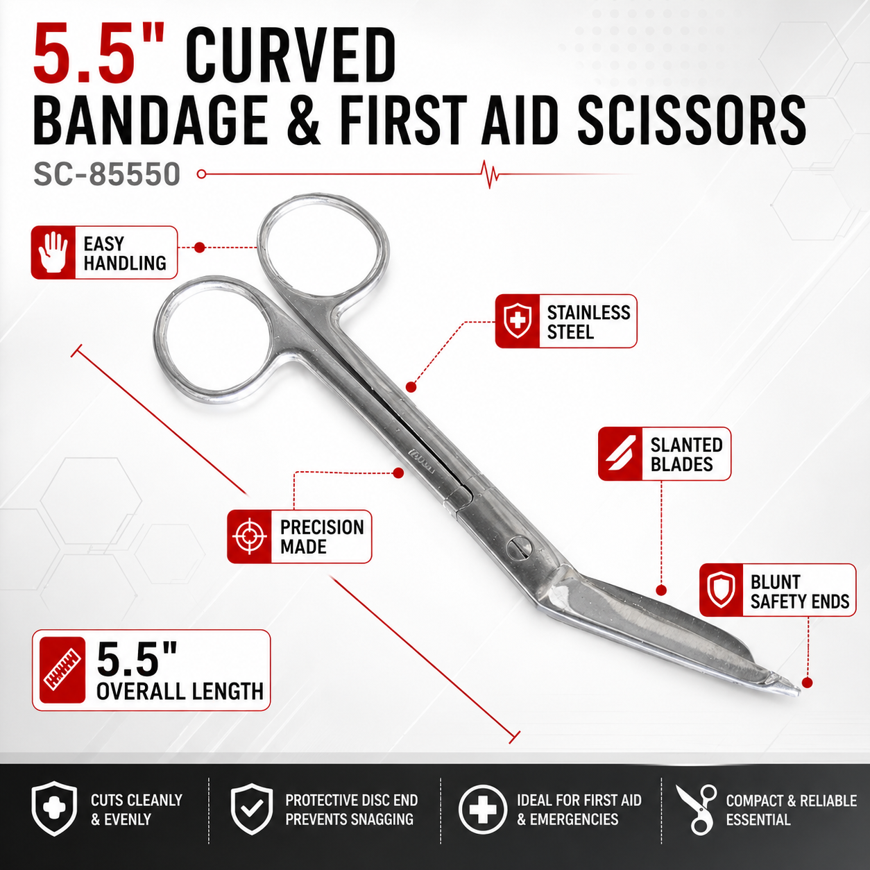 5.5" Curved Bandage & First Aid Scissors, Stainless Steel Medical Shears with Slanted Blades and Blunt Safety Tip – SC-85550