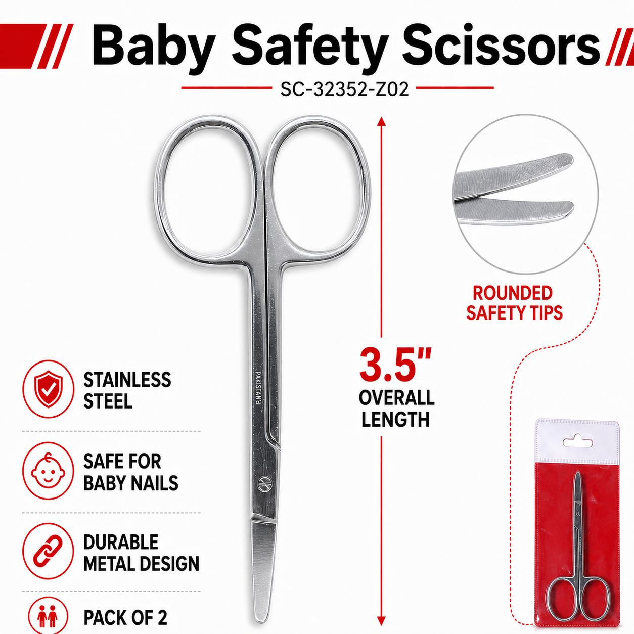 3.5 Inch Baby Safety Scissors with Curved Blades – Stainless Steel Rounded Tip Nail Scissors for Babies & Adults, Pack of 2