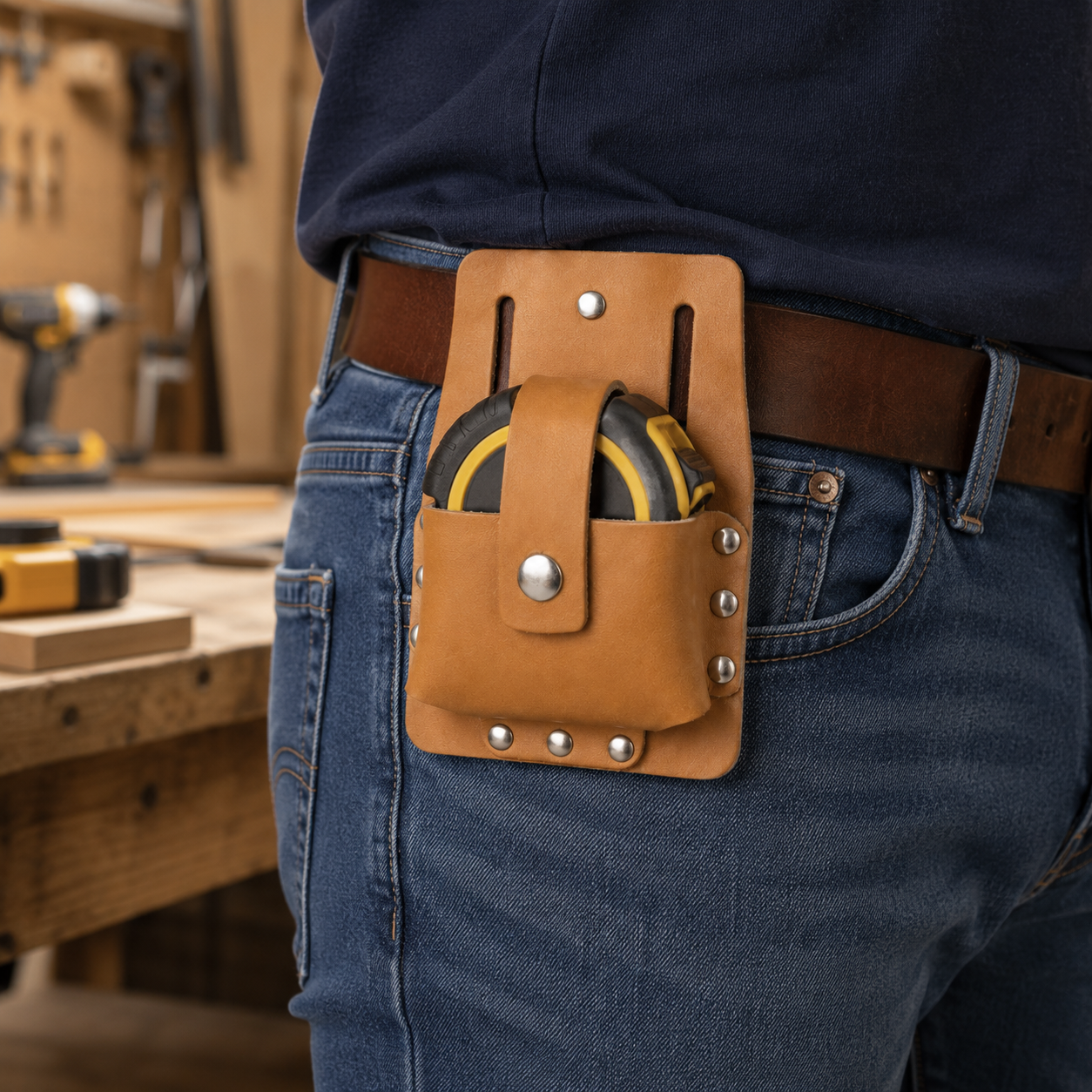 Leather Tape Measure Holder for Tool Belt, 5 x 8 Inch Riveted Measuring Tape Pouch with Snap Closure and Belt Slots, Pack of 2