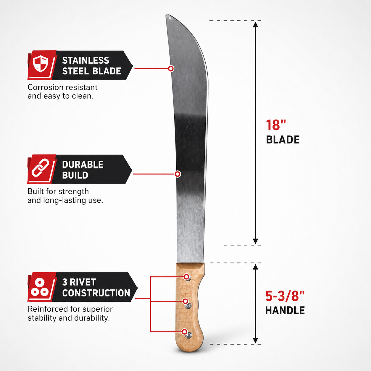 18-Inch Machete with 5-3/8-Inch Wooden Handle, Long Curved Metal Blade with 3-Rivet Construction for Cutting Tall Grass, Weeds, Brush and Garden Overgrowth
