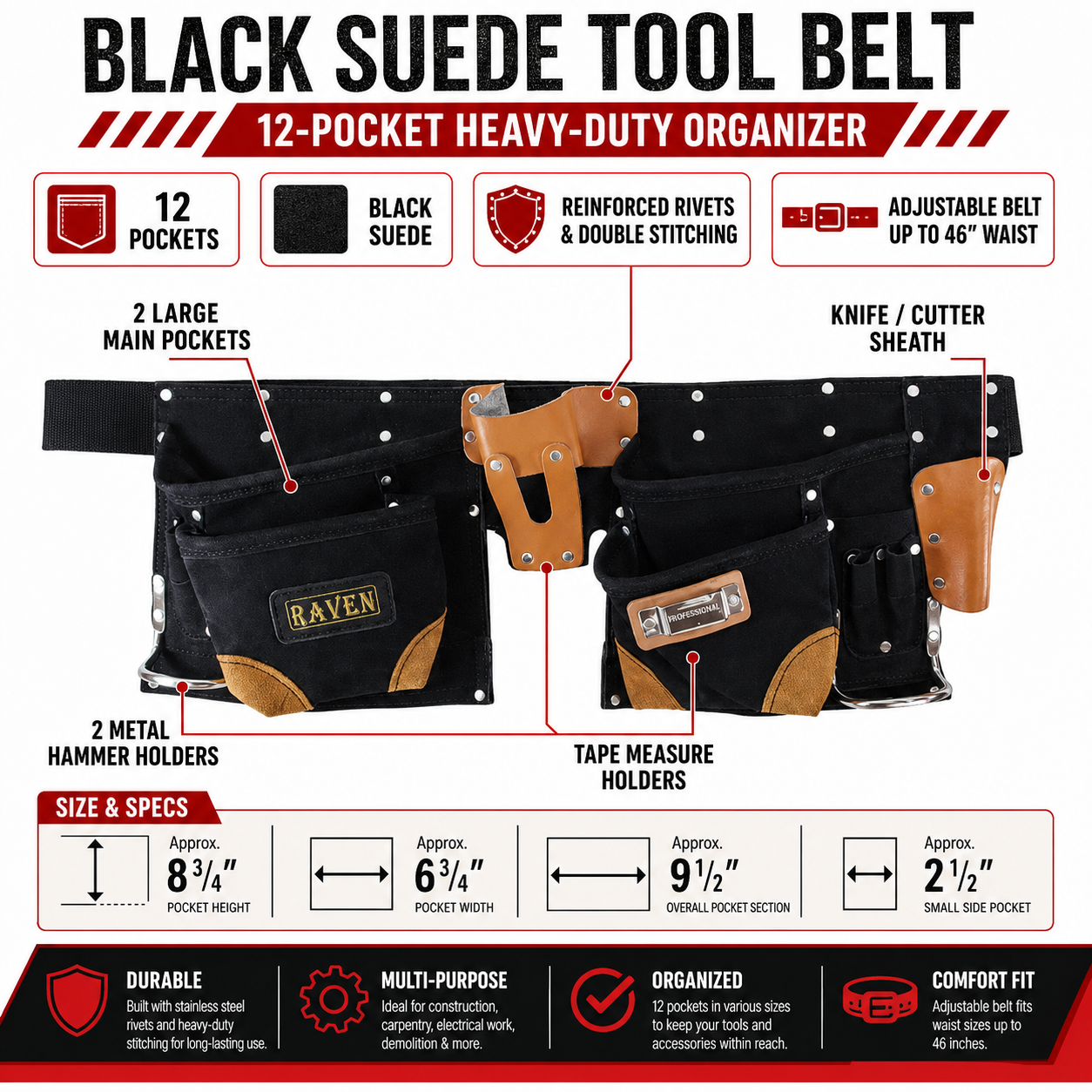 Black Suede Tool Belt with 12 Pockets  - AS2103A-BLK