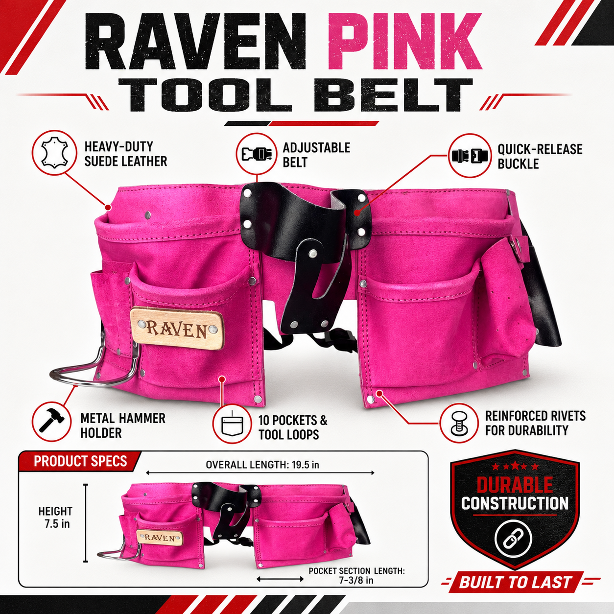 Pink Suede Double Tool Pouch Belt with Nylon Quick-Release Belt, Hammer Holder, Tape Measure Holder, Knife Sheath & Multi-Pockets, Fits 28"–50" Waist