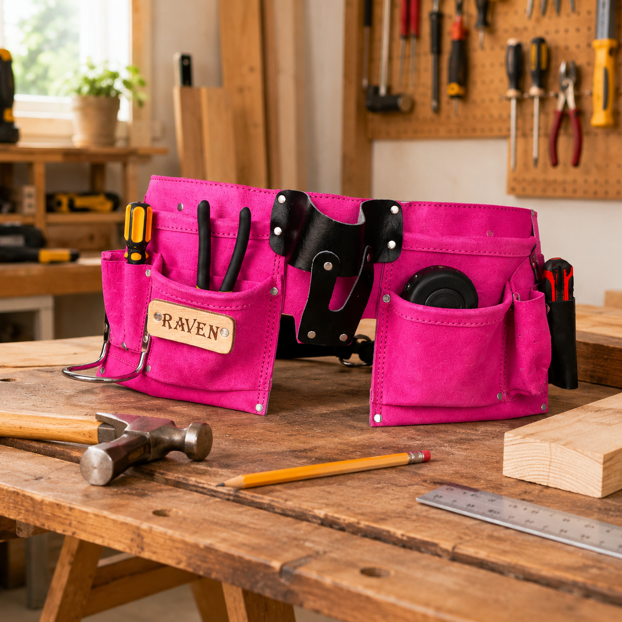 Pink Suede Double Tool Pouch Belt with Nylon Quick-Release Belt, Hammer Holder, Tape Measure Holder, Knife Sheath & Multi-Pockets, Fits 28"–50" Waist