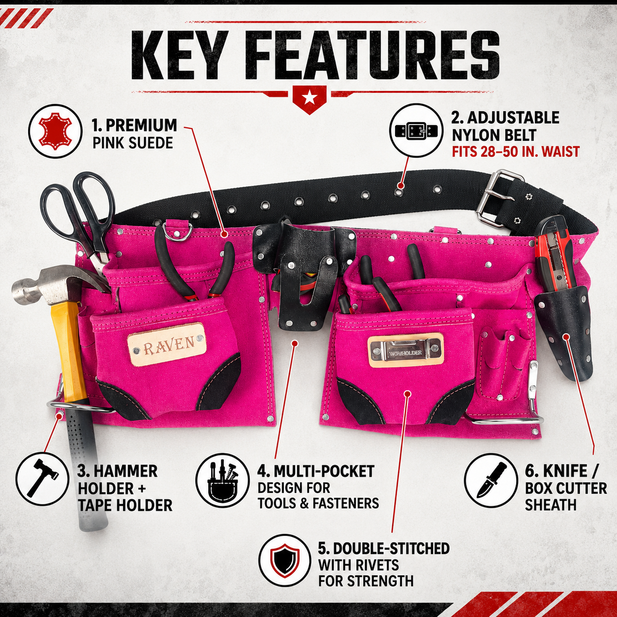 Pink Utility Tool Pouch Belt with 12 Pockets  - AS2103A-PNK