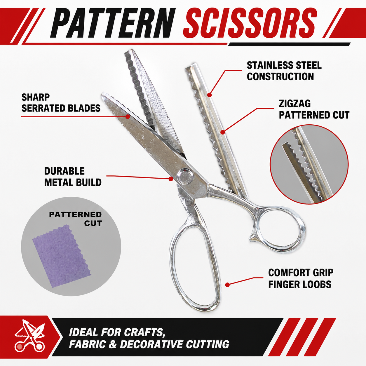 8 Inch Heavy Duty Pinking Shears, All-Metal Chrome-Plated Fabric Scissors with 4 Inch Zigzag Blades, Classic Wave Cut, Large Traditional Handle for Sewing, Tailoring and Crafts – SC-52800