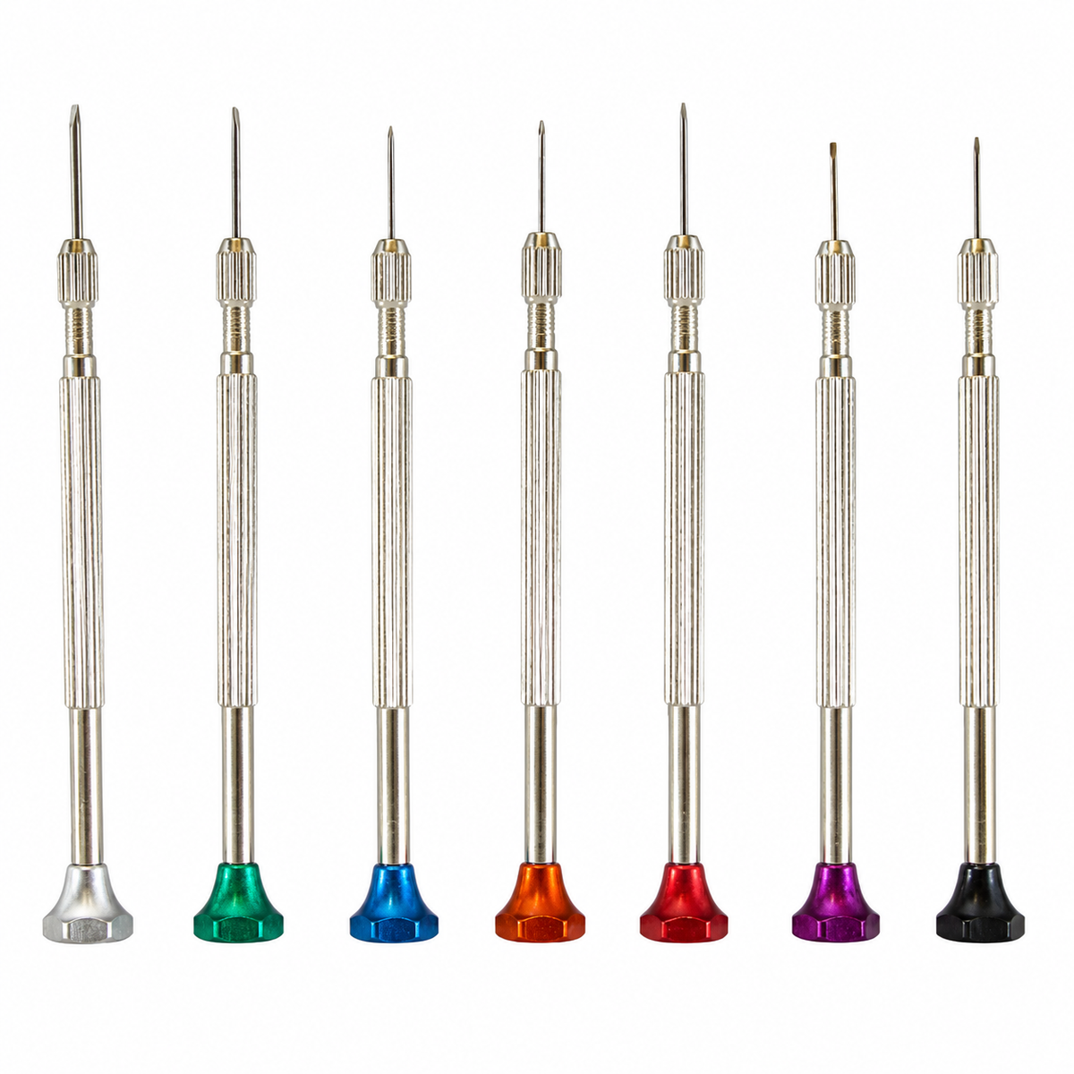 7 Piece Precision Flat Head Screwdriver Set, Color Coded Watch Repair Screwdrivers, Reversible Double Ended Blades, Textured Handles, Sizes 0.5mm to 1.5mm for Watches, Jewelry, Eyeglasses & Small Electronics