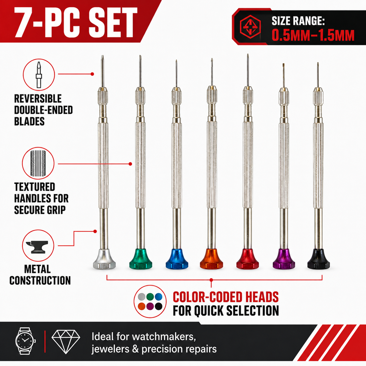 7 Piece Precision Flat Head Screwdriver Set, Color Coded Watch Repair Screwdrivers, Reversible Double Ended Blades, Textured Handles, Sizes 0.5mm to 1.5mm for Watches, Jewelry, Eyeglasses & Small Electronics