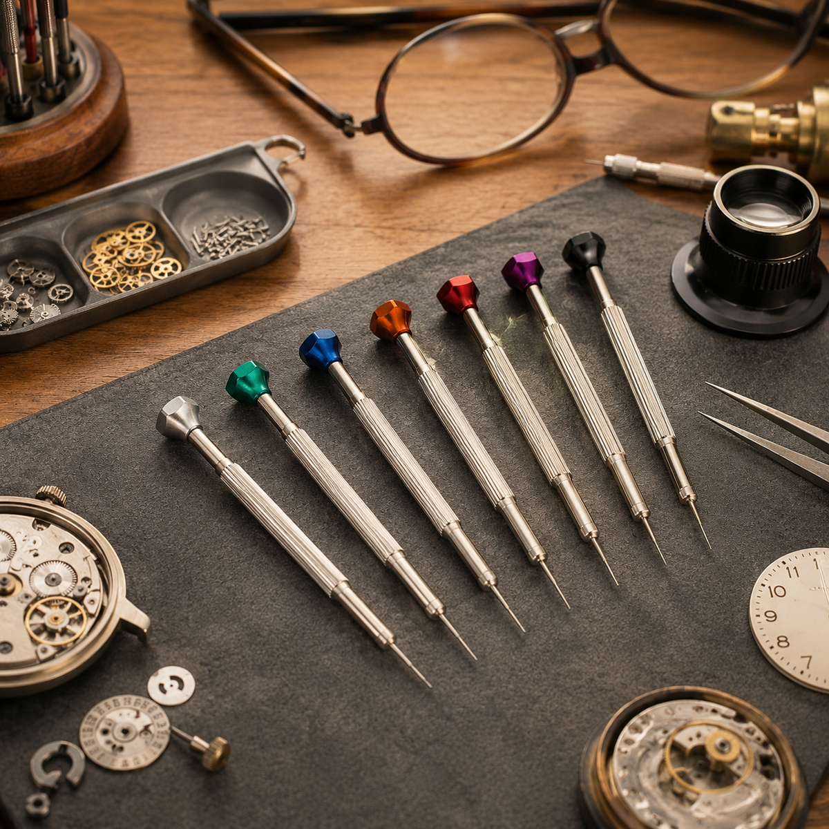 7 Piece Precision Flat Head Screwdriver Set, Color Coded Watch Repair Screwdrivers, Reversible Double Ended Blades, Textured Handles, Sizes 0.5mm to 1.5mm for Watches, Jewelry, Eyeglasses & Small Electronics