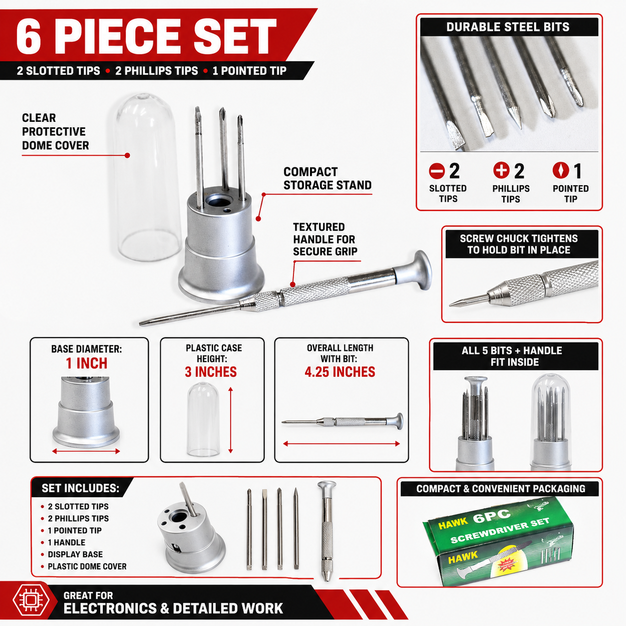 6-in-1 Precision Screwdriver Set, Mini Steel Repair Screwdrivers with Compact Stand, Slotted, Phillips & Pointed Tips for Electronics, Watches, Eyeglasses & Small Repairs