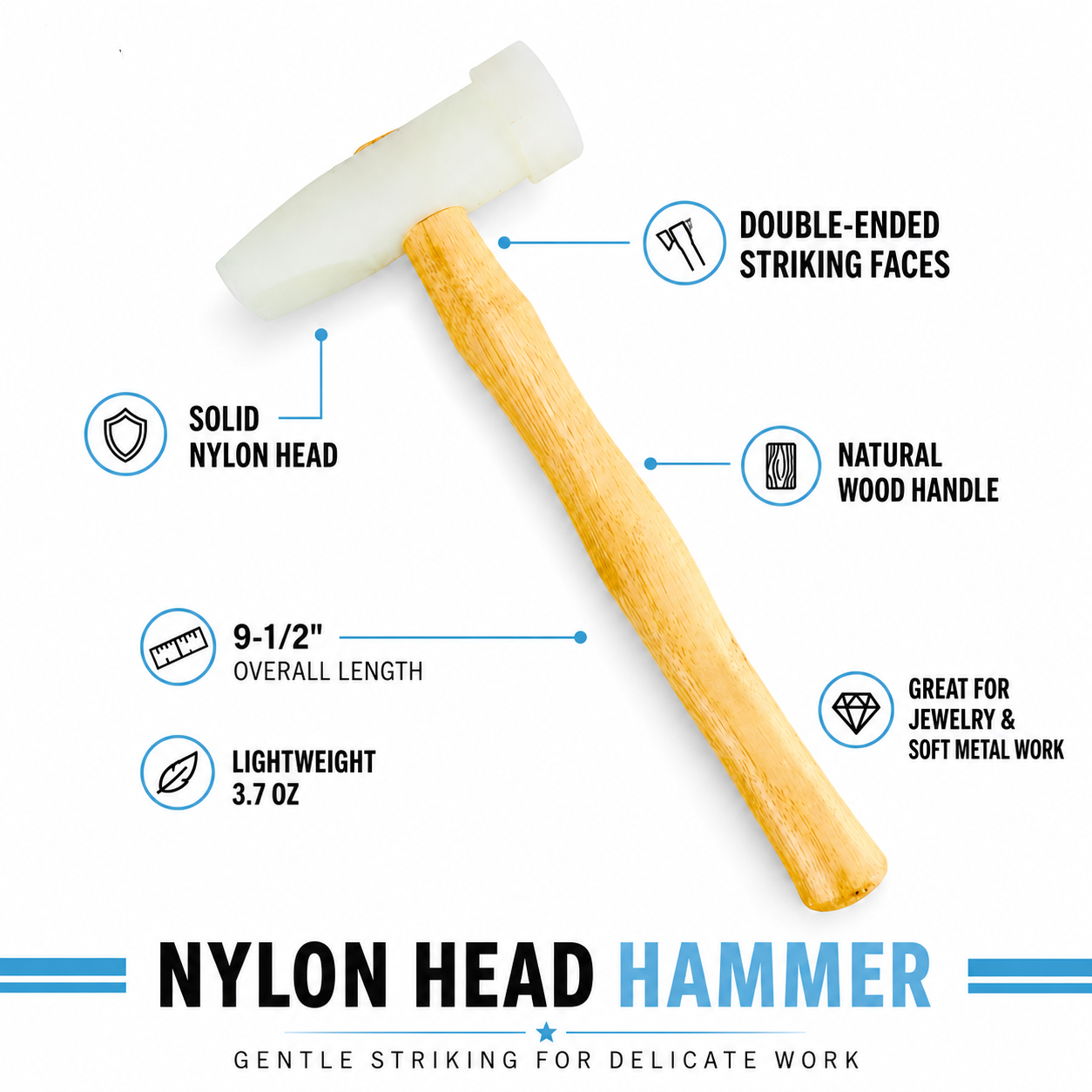9.5" Nylon Hammer with Wooden Handle, Non-Marring Jewelry Hammer with Round & Rectangular Heads, Lightweight Soft Face Mallet for Metal Shaping, Leather Work, Crafts, Watch Repair & Delicate Assembly