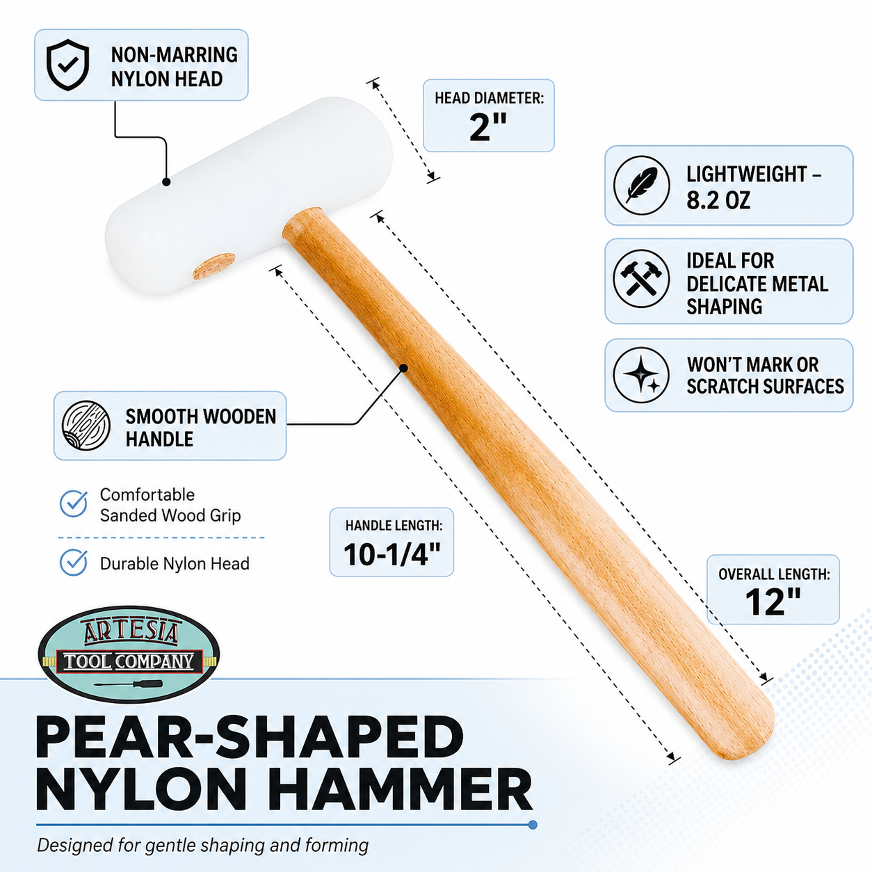 12 Inch Oval Nylon Hammer with Wooden Handle, Non-Marring Jewelry Hammer for Metal Shaping, Precious Metals, Forming, Bending, and Delicate Surface Work