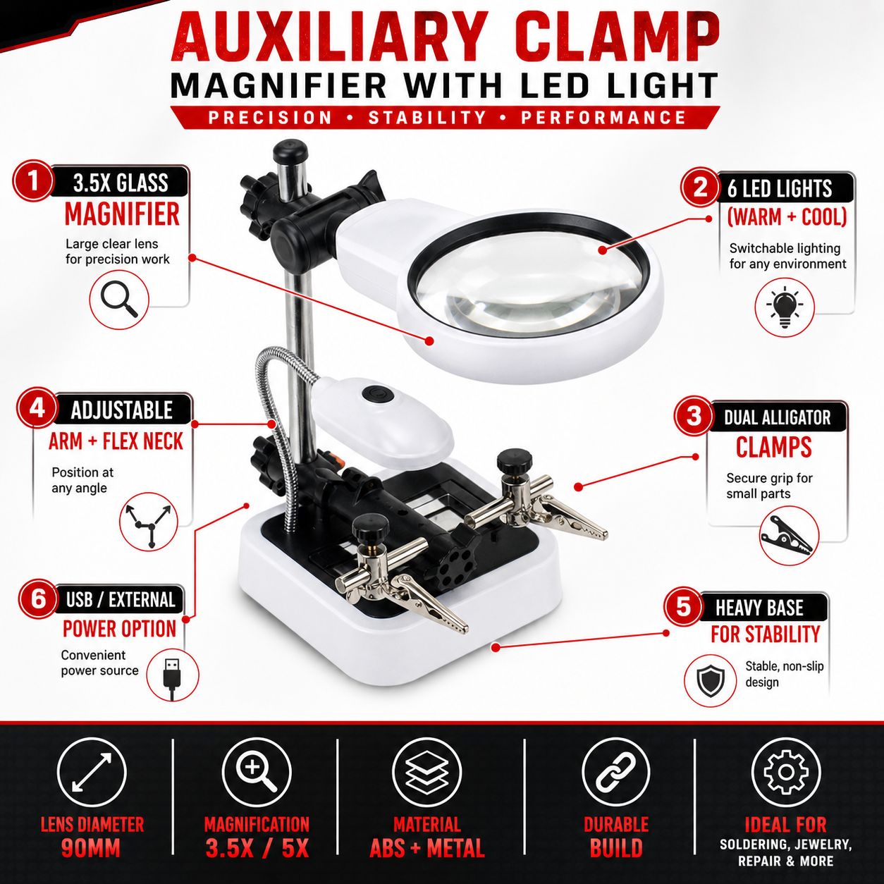 Clamp Magnifier With 2 Clamps, 3 Lenses 6 LED's And Soldering Iron Stand  - MG8945AA-L6