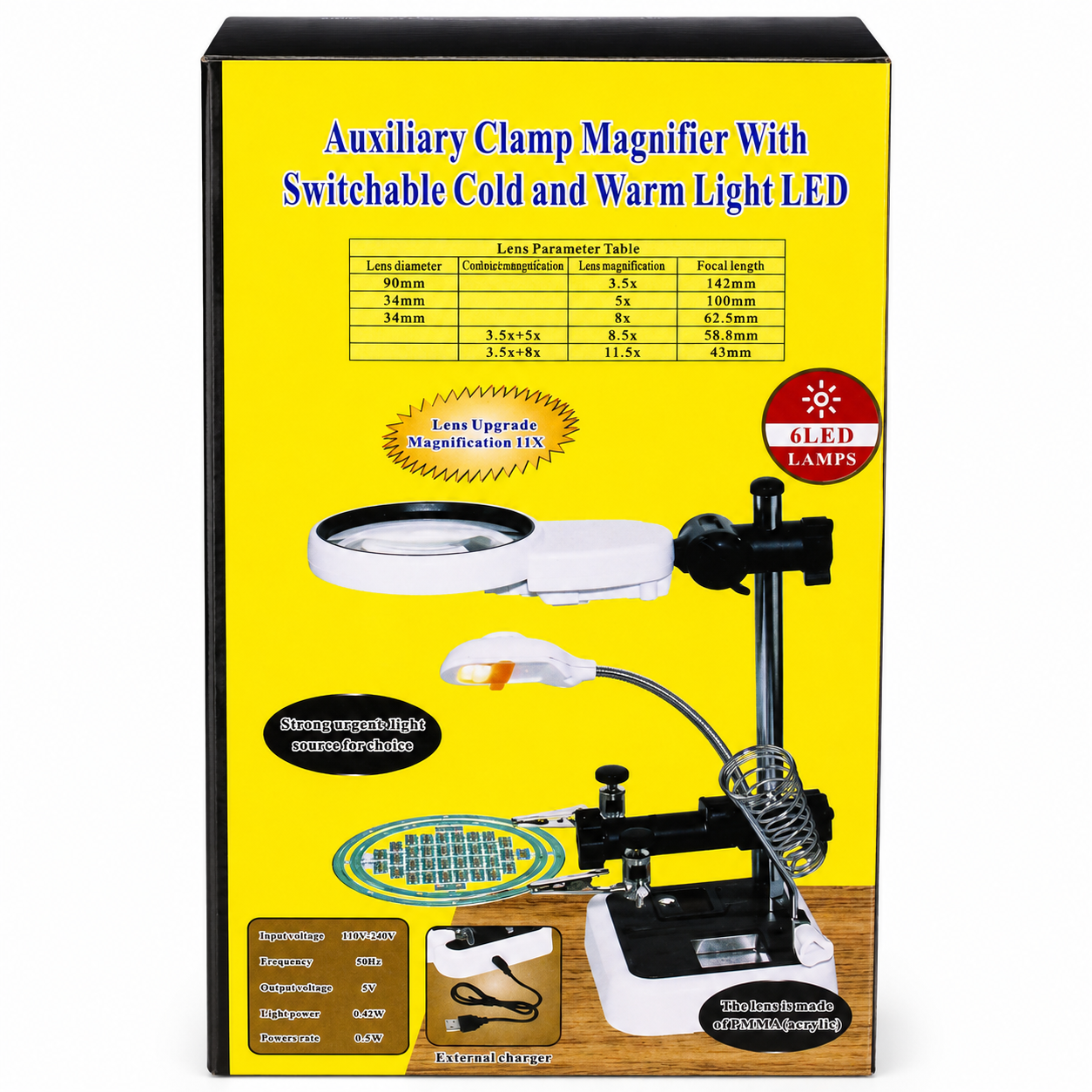 Clamp Magnifier With 2 Clamps, 3 Lenses 6 LED's And Soldering Iron Stand  - MG8945AA-L6
