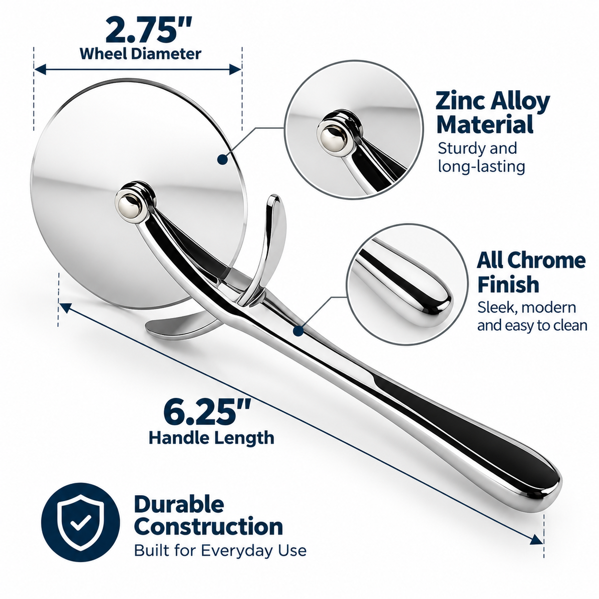 Chrome Finish Pizza Cutter with 2.75" Wheel – Zinc Alloy Construction, 6.25" Ergonomic Handle