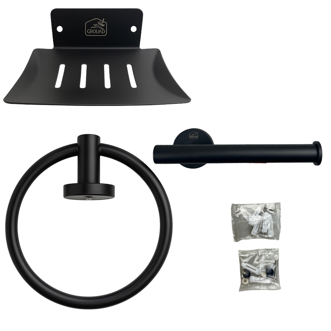 Around the House 17-Piece Bathroom Accessory Set – Matte Black Towel Ring, Toilet Paper Holder, and Soap Holder – Heavy-Duty Stainless Steel Bath Hardware Kit with Mounting Screws