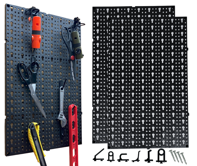 2 Piece Plastic Peg Board Set with 24 Assorted Hooks and Screws for Hanging | 19" x 12" Boards