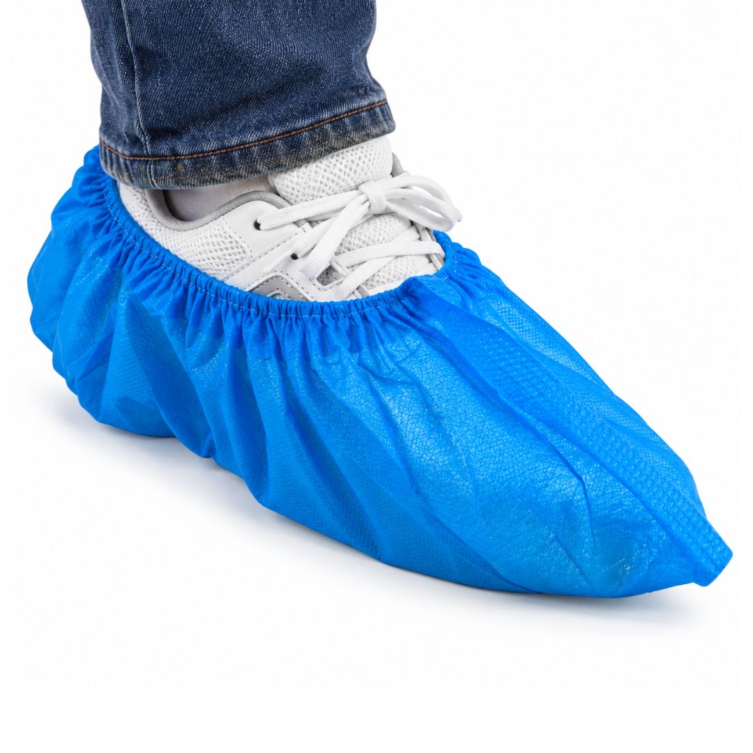 Disposable Blue Shoe Covers with Elastic Ankle Opening – Lightweight Non-Woven Protective Booties for Indoor Use, Cleaning, Construction, Painting & Workplace Protection