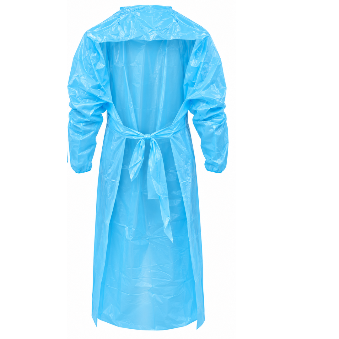 10 Pc. Disposable Blue Isolation Gown with Long Sleeves, Open Back & Waist Ties – Lightweight Protective Polyethylene Gown for Cleaning, Food Processing, Healthcare & General Use