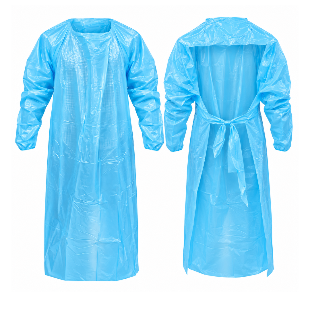 10 Pc. Disposable Blue Isolation Gown with Long Sleeves, Open Back & Waist Ties – Lightweight Protective Polyethylene Gown for Cleaning, Food Processing, Healthcare & General Use