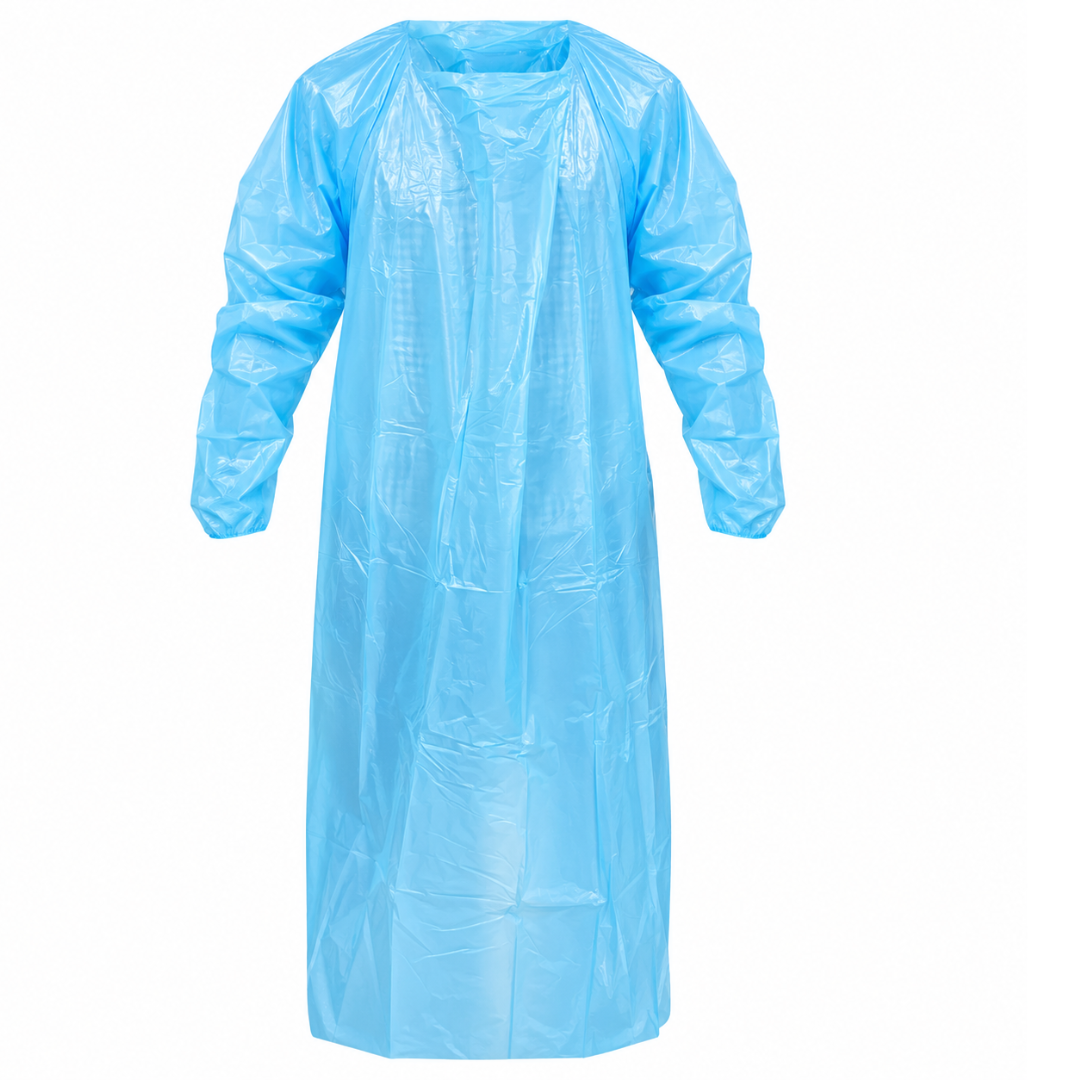 10 Pc. Disposable Blue Isolation Gown with Long Sleeves, Open Back & Waist Ties – Lightweight Protective Polyethylene Gown for Cleaning, Food Processing, Healthcare & General Use