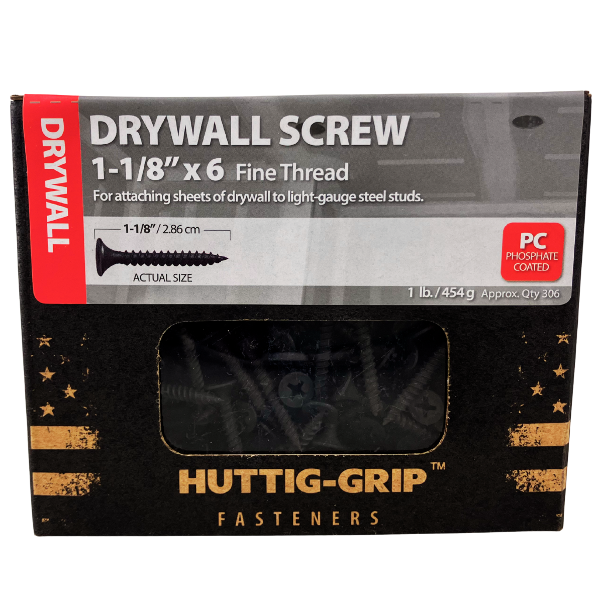 Drywall Screws 1-1/8 Inch x 6 Fine Thread – Phosphate Coated, 1 lb Box (Approx. 306 pcs) – Huttig-Grip Fasteners