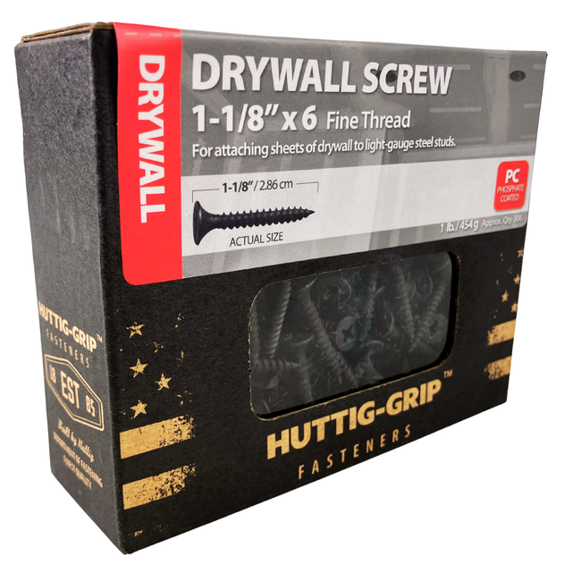 Drywall Screws 1-1/8 Inch x 6 Fine Thread – Phosphate Coated, 1 lb Box (Approx. 306 pcs) – Huttig-Grip Fasteners