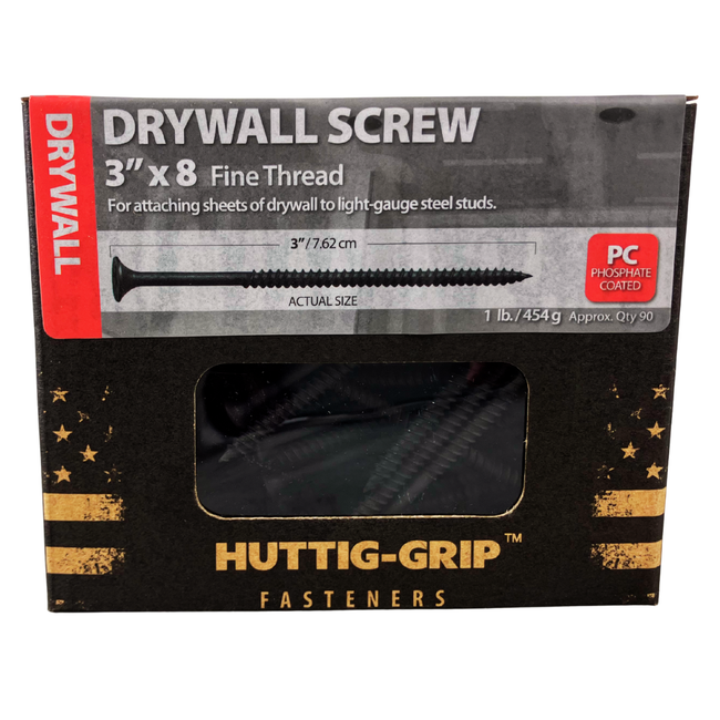 Drywall Screws 3 Inch x 8 Fine Thread – Phosphate Coated, 1 lb Box (Approx. 90 pcs) – Huttig-Grip Fasteners