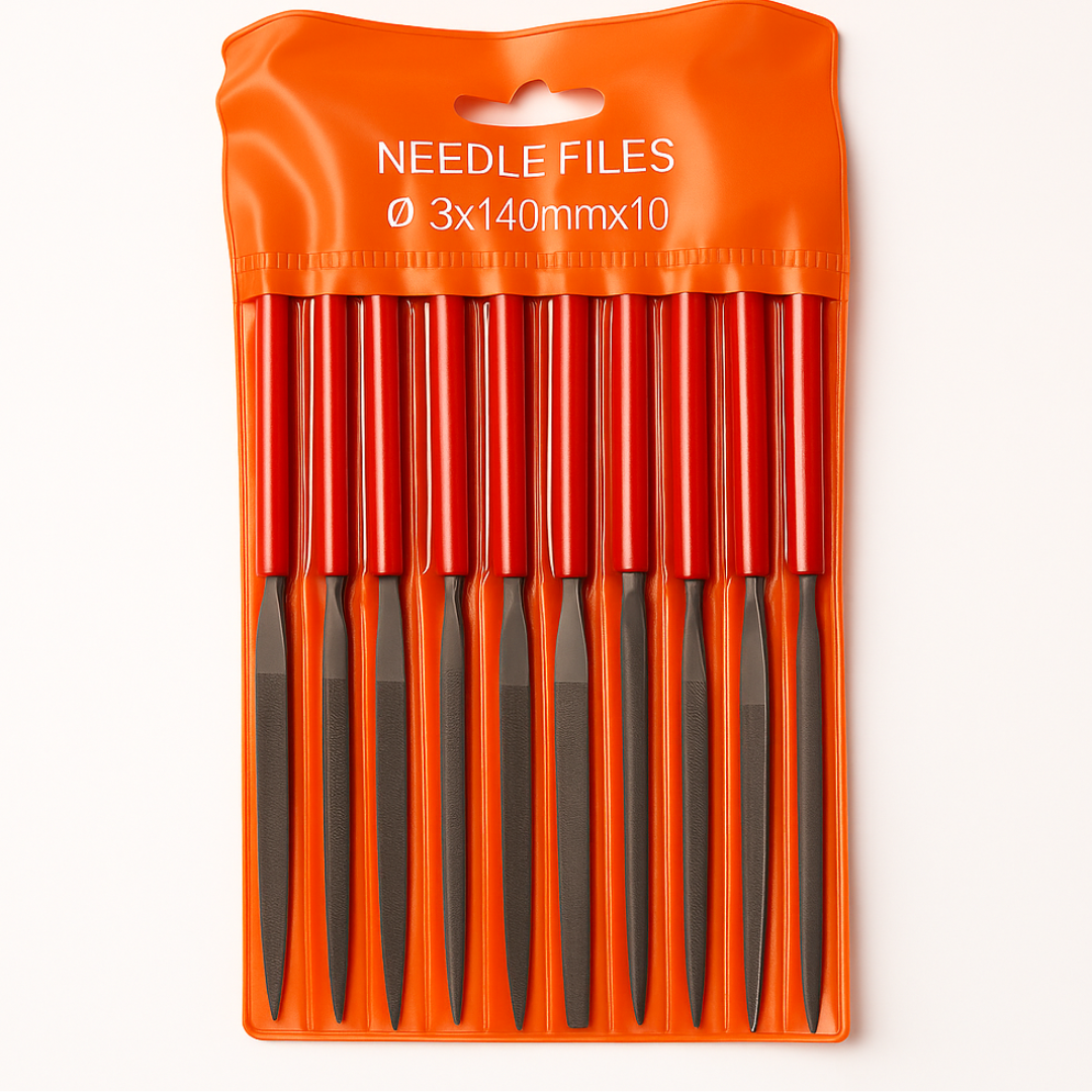 10 Piece Needle File Set – 5.5" Mini Precision File Tools with Red Handles – For Metal, Wood, Plastic, Jewelry, and Hobby Craft Detailing