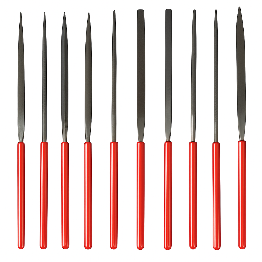 10 Piece Needle File Set – 5.5" Mini Precision File Tools with Red Handles – For Metal, Wood, Plastic, Jewelry, and Hobby Craft Detailing
