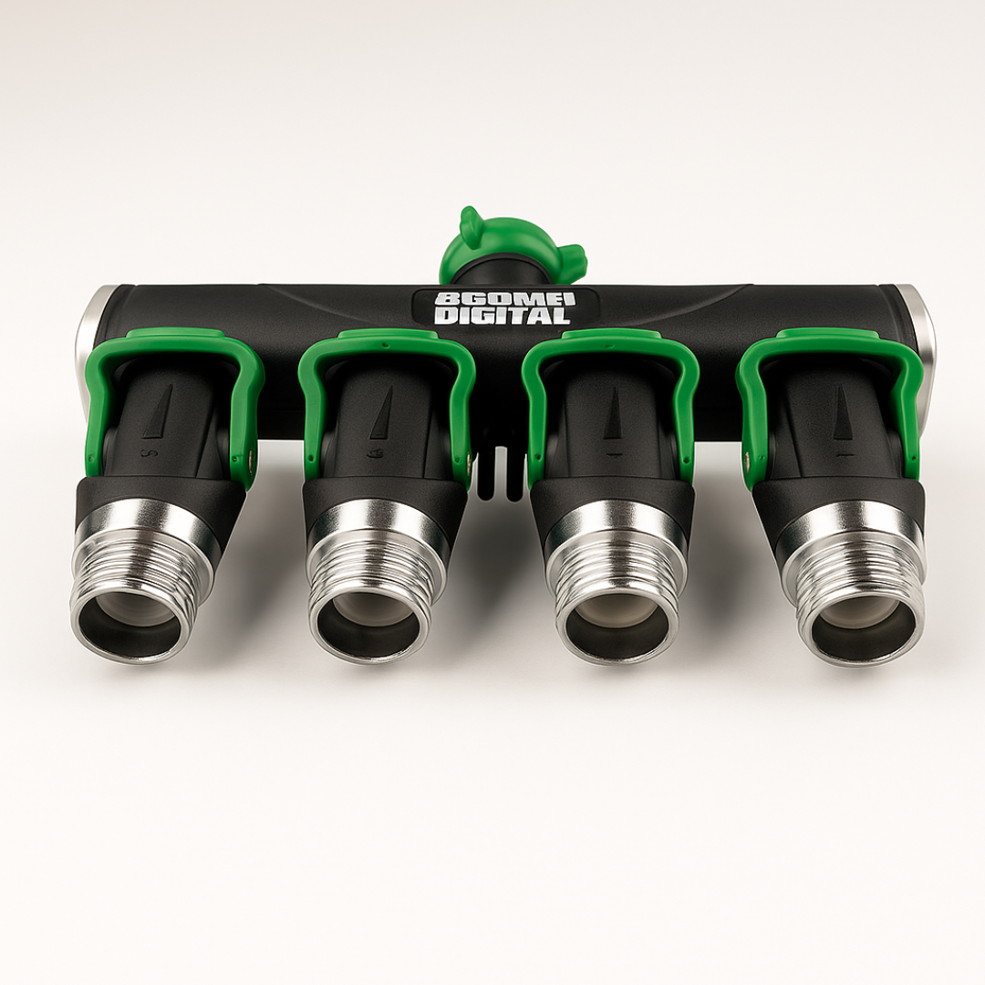 Acomm Digital 4-Way Garden Hose Splitter – Heavy-Duty Metal Water Distributor with Individual Shut-Off Valves – Leak-Proof 3/4" Connector, Easy Grip Handles & Extra Washers – Outdoor Faucet Manifold for Lawn & Garden