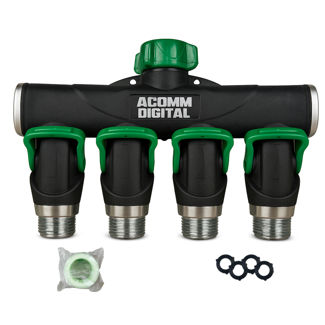 Acomm Digital 4-Way Garden Hose Splitter – Heavy-Duty Metal Water Distributor with Individual Shut-Off Valves – Leak-Proof 3/4" Connector, Easy Grip Handles & Extra Washers – Outdoor Faucet Manifold for Lawn & Garden