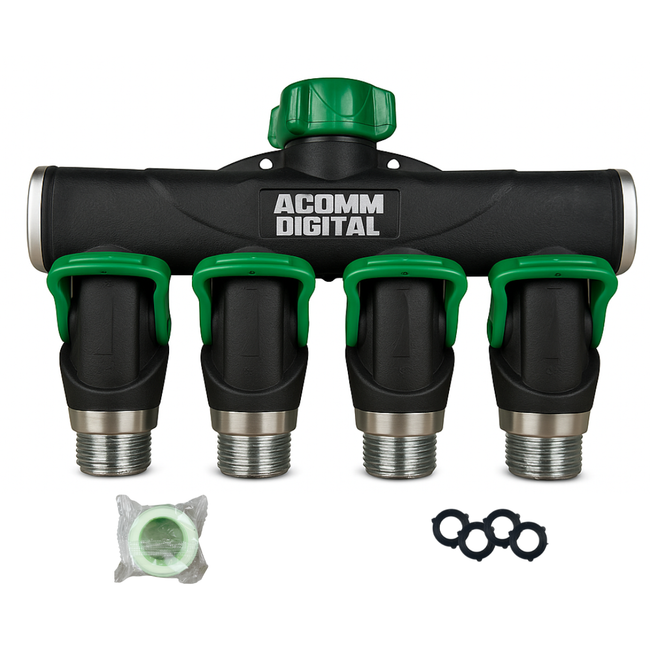 Acomm Digital 4-Way Garden Hose Splitter – Heavy-Duty Metal Water Distributor with Individual Shut-Off Valves – Leak-Proof 3/4" Connector, Easy Grip Handles & Extra Washers – Outdoor Faucet Manifold for Lawn & Garden
