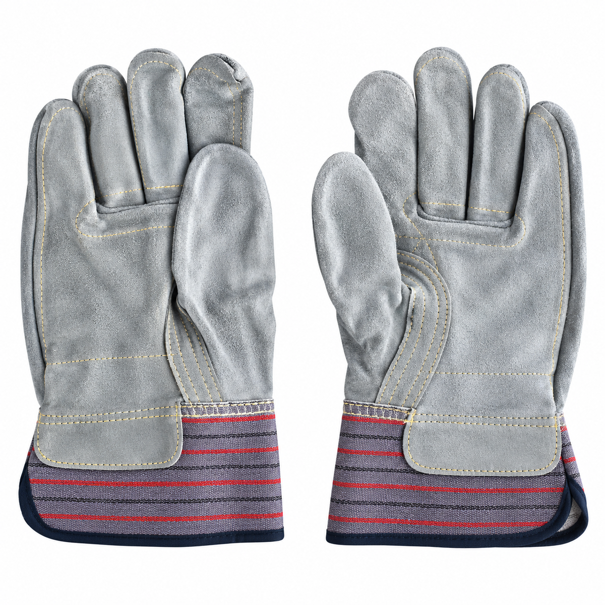 Heavy Duty Gray Split Leather Work Gloves with Reinforced Palm, Durable Stitching & Striped Safety Cuffs – Protective Gloves for Construction, Warehouse, Gardening & General Utility Work (1 Pair)