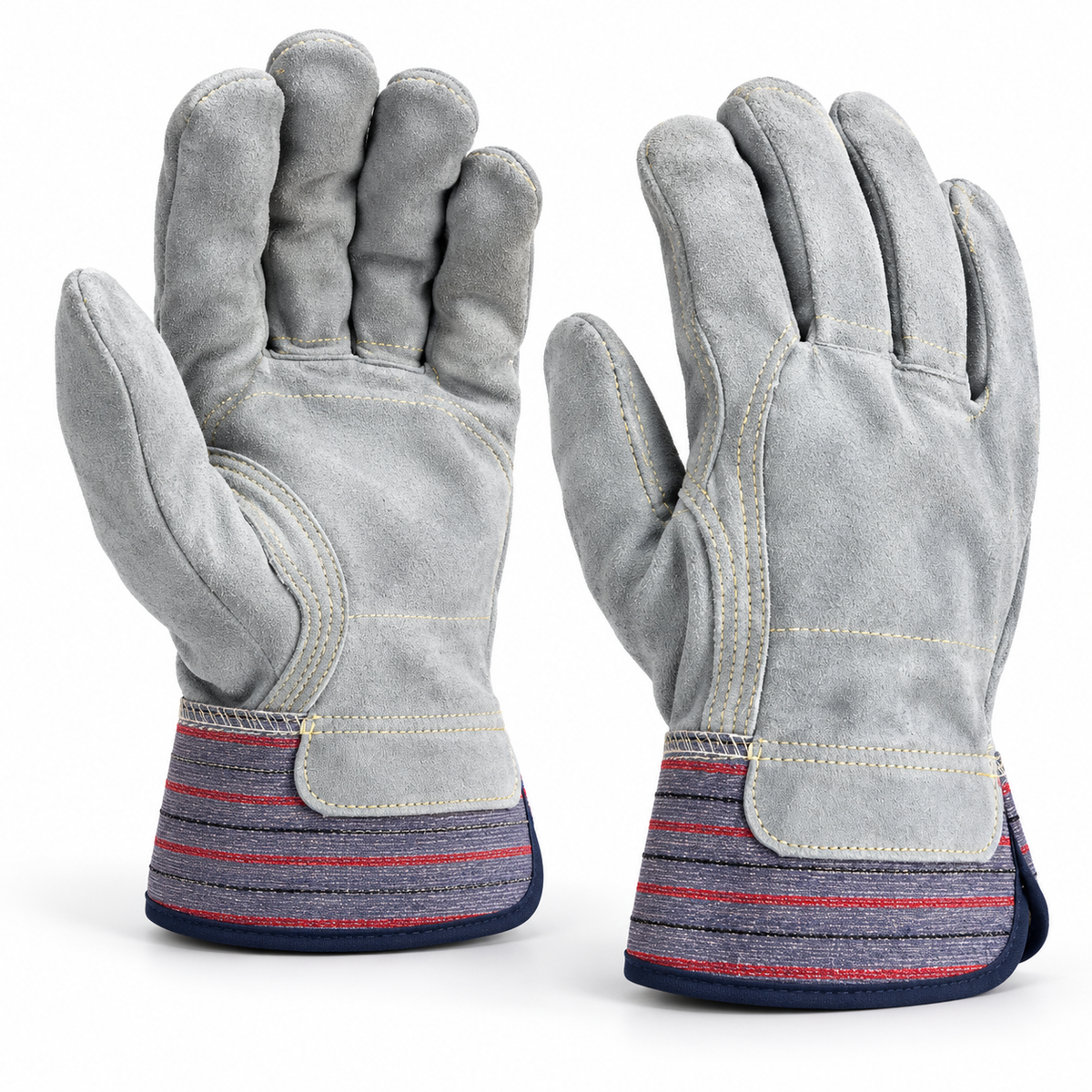 Heavy Duty Gray Split Leather Work Gloves with Reinforced Palm, Durable Stitching & Striped Safety Cuffs – Protective Gloves for Construction, Warehouse, Gardening & General Utility Work (1 Pair)