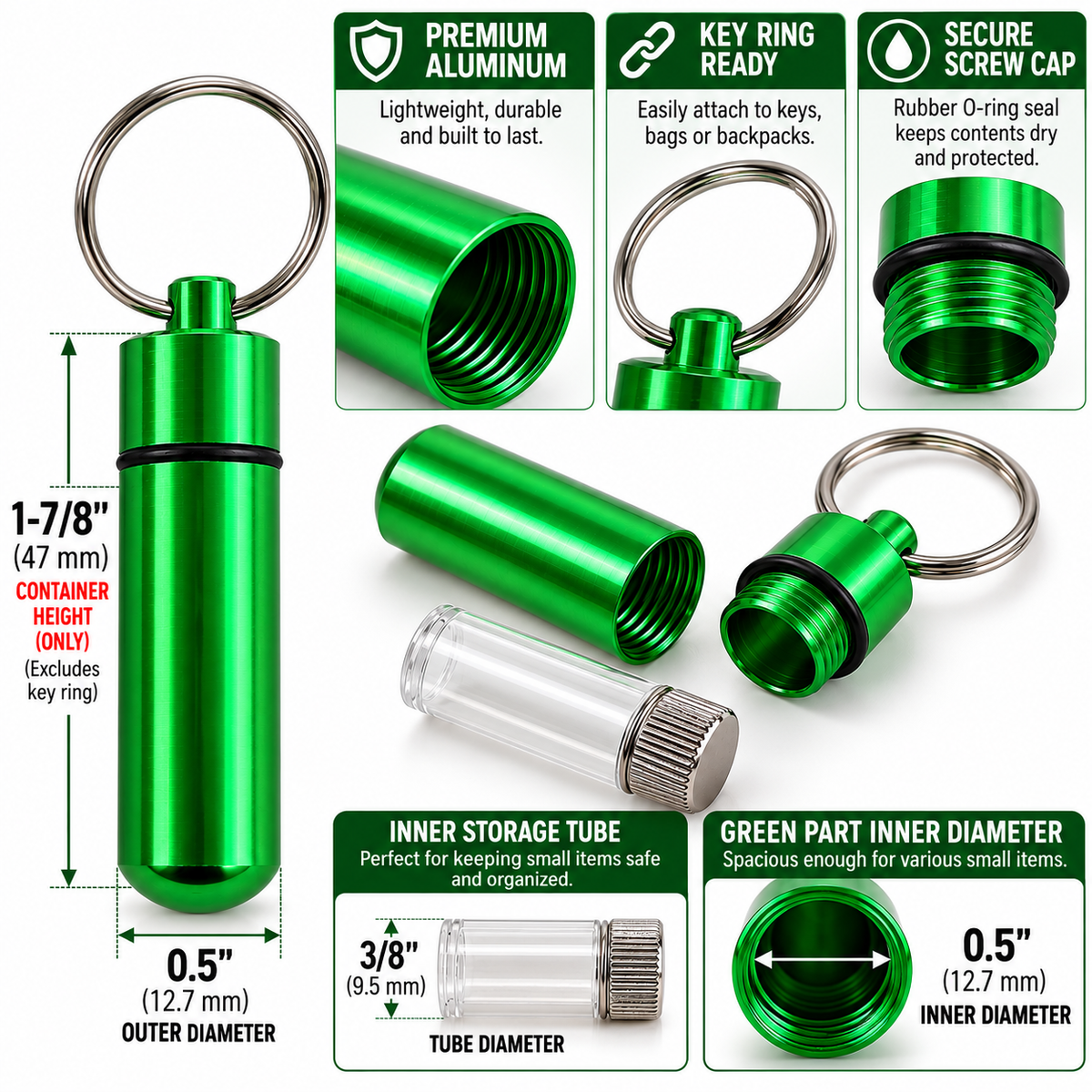 Aluminum Pill Holder Keychain with Inner Storage Tube, Mini Screw-Top Capsule Container for Small Items, 1-7/8 Inch, Green