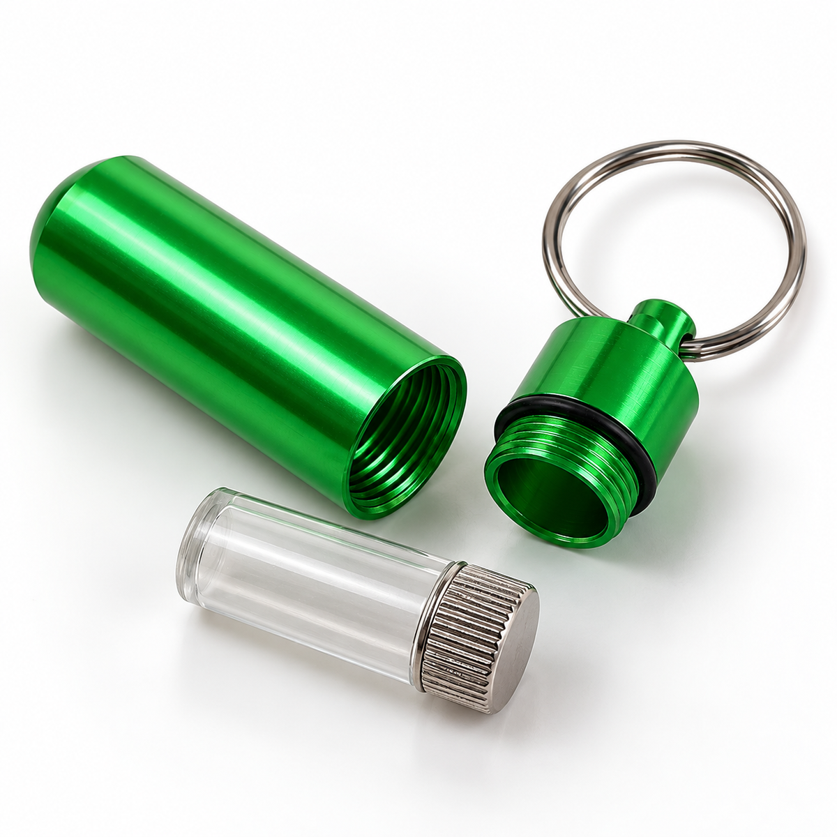 Aluminum Pill Holder Keychain with Inner Storage Tube, Mini Screw-Top Capsule Container for Small Items, 1-7/8 Inch, Green