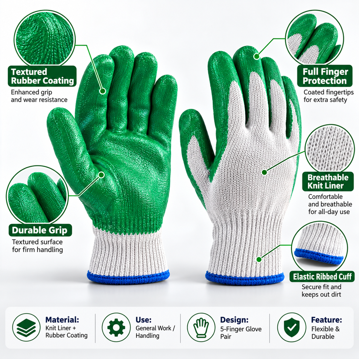 Green Latex Palm Coated Work Gloves with Textured Grip, Breathable Knit Back, Elastic Wrist Cuffs, Heavy Duty Grip Gloves for Construction, Gardening, Warehouse & General Work – 1 Pair