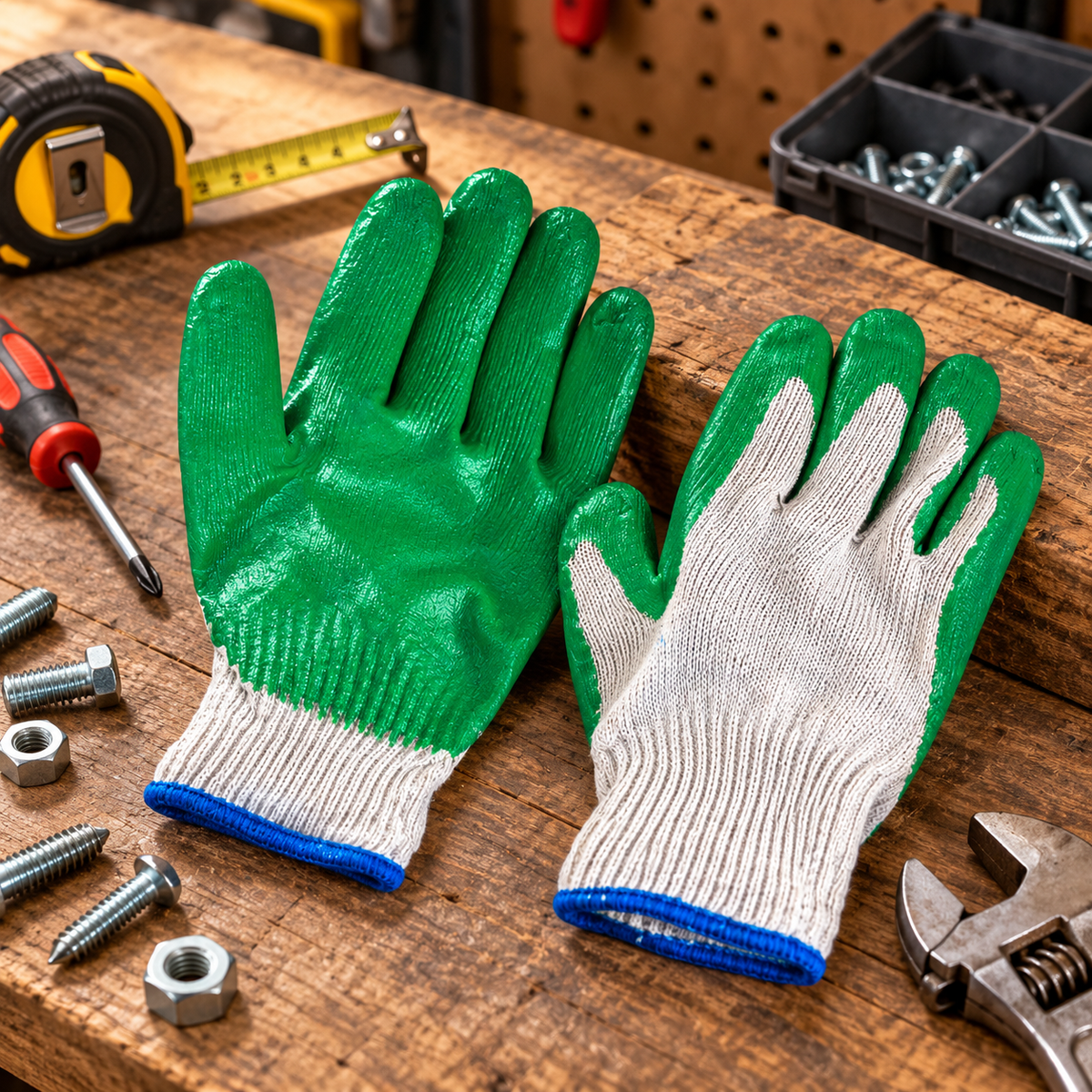 Green Latex Palm Coated Work Gloves with Textured Grip, Breathable Knit Back, Elastic Wrist Cuffs, Heavy Duty Grip Gloves for Construction, Gardening, Warehouse & General Work – 1 Pair