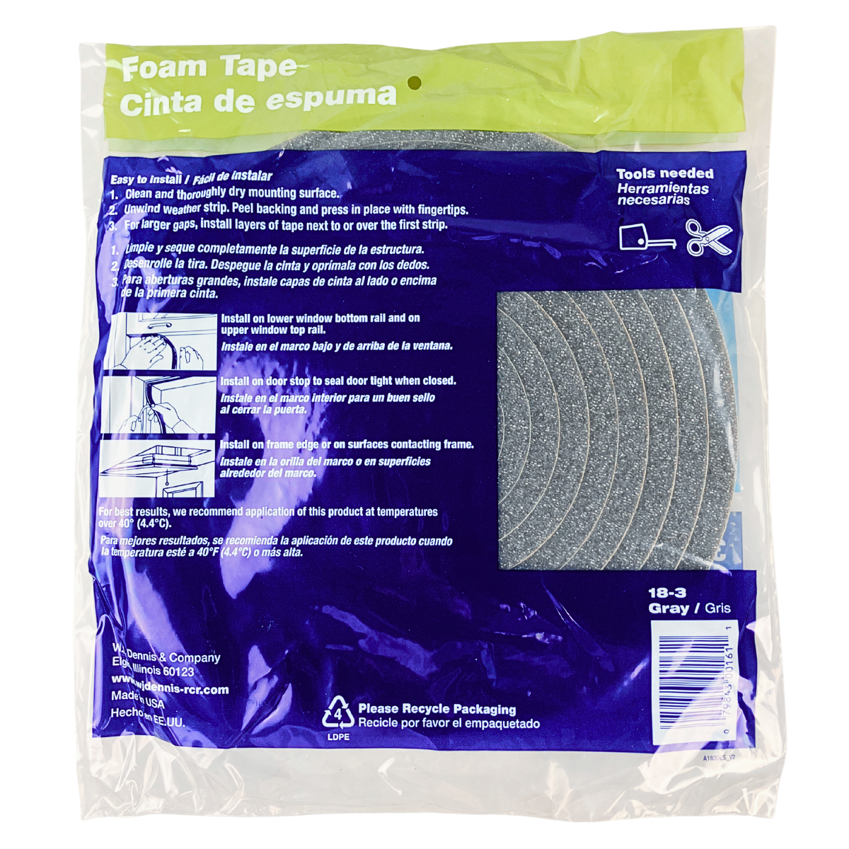 Dennis Foam Tape – 3/4" W x 1/2" H x 17 Ft L, Open-Cell Poly Foam, Self-Adhesive Weatherstrip for Doors & Windows (Gray)