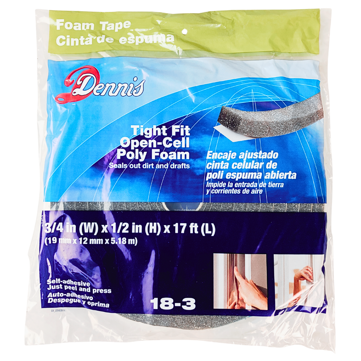 Dennis Foam Tape – 3/4" W x 1/2" H x 17 Ft L, Open-Cell Poly Foam, Self-Adhesive Weatherstrip for Doors & Windows (Gray)