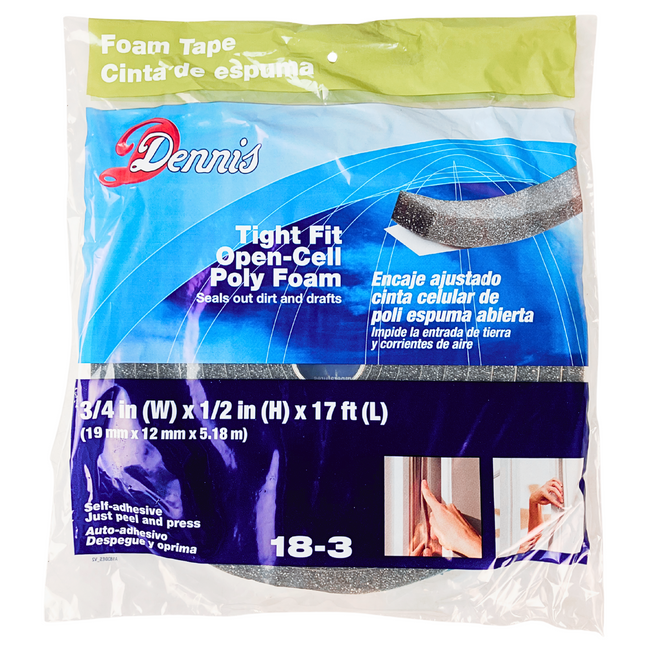 Dennis Foam Tape – 3/4" W x 1/2" H x 17 Ft L, Open-Cell Poly Foam, Self-Adhesive Weatherstrip for Doors & Windows (Gray)