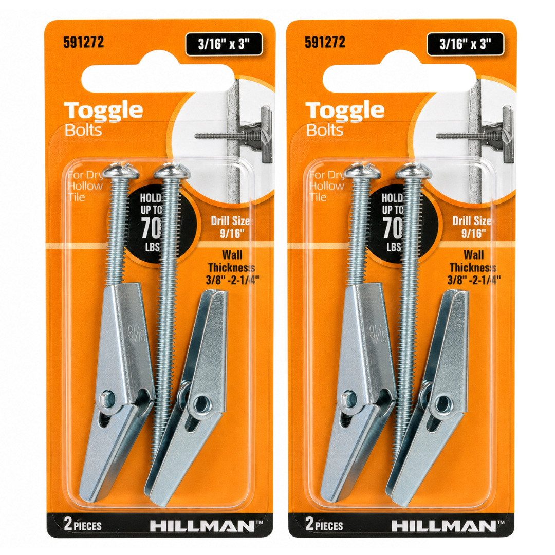 2 Pack Toggle Bolts 3/16" x 3", Heavy Duty Hollow Wall Anchors with Screws, Zinc-Plated Metal Drywall Anchors for Cabinets, Shelves, Fixtures, Drapery Hardware & Home Repair