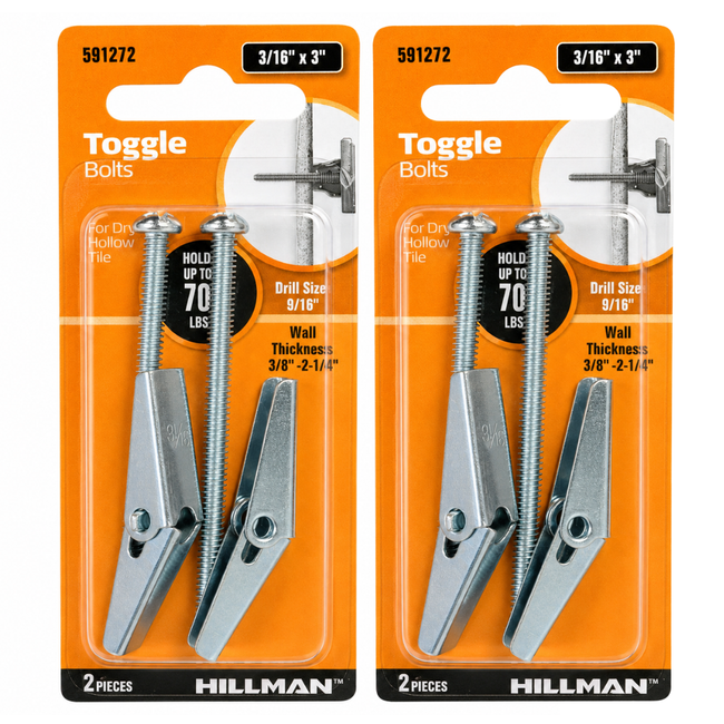2 Pack Toggle Bolts 3/16" x 3", Heavy Duty Hollow Wall Anchors with Screws, Zinc-Plated Metal Drywall Anchors for Cabinets, Shelves, Fixtures, Drapery Hardware & Home Repair