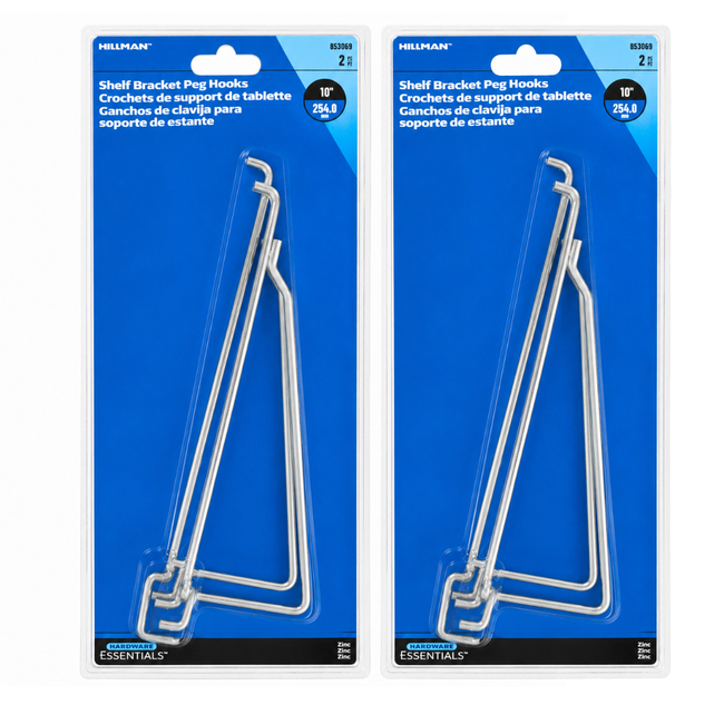 2 Pc. Shelf Bracket Peg Hooks for Pegboard, 10 Inch Zinc-Plated Steel Shelf Support Hooks, Heavy-Duty Pegboard Shelf Brackets, Rust Resistant, Easy Install, 2-Pack