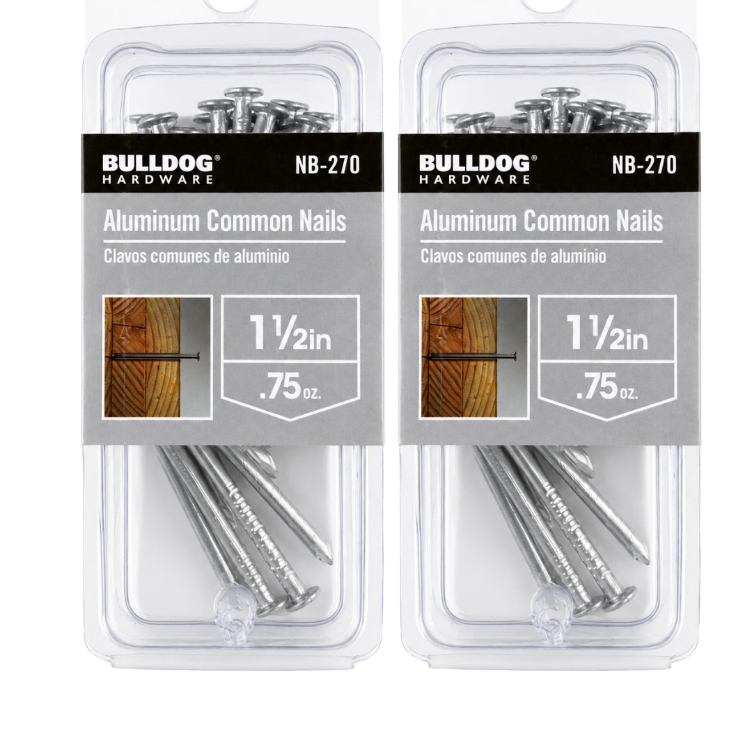 2 Pc. Aluminum Common Nails 1-1/2 Inch, 0.75 oz Pack, Lightweight Rust-Resistant Nails for Wood, Repairs, Crafts & General Hardware Use