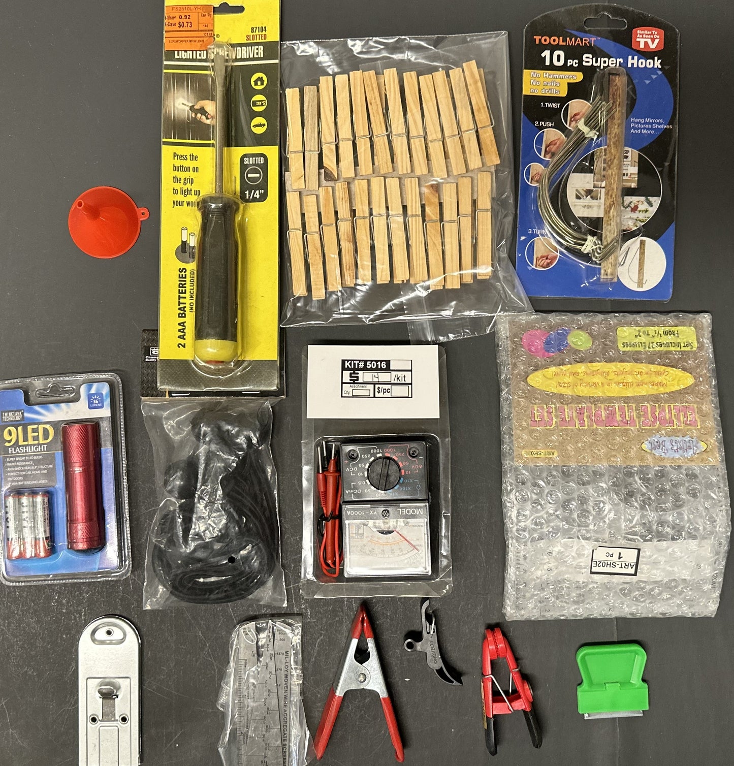 Bulk Closeout Lot 14-Piece Household Tool Kit – Multimeter, LED Flashlight, Hooks, Clamps & Utility Tools – FREE SHIPPING – NO RETURNS