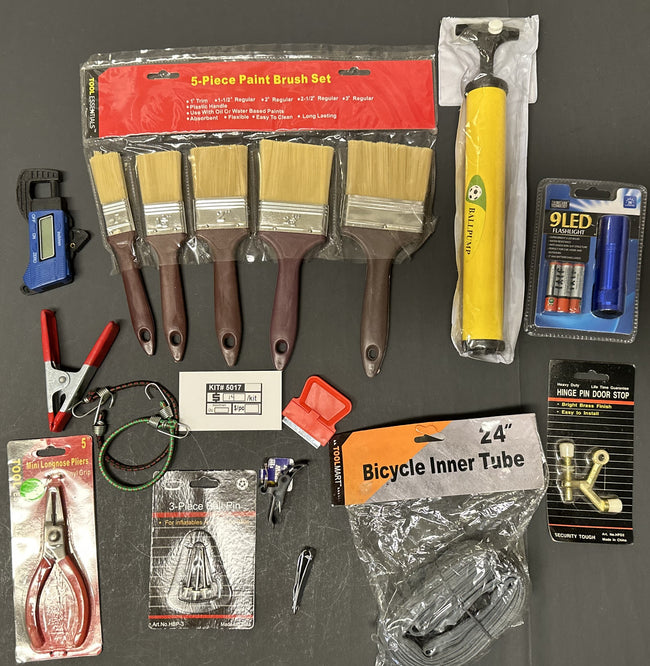 Bulk Closeout Lot 14-Piece Assorted DIY Hardware Kit – Paint Brush Set, Bicycle Tube, Ball Pump, Flashlight & Utility Tools – FREE SHIPPING – FINAL SALE