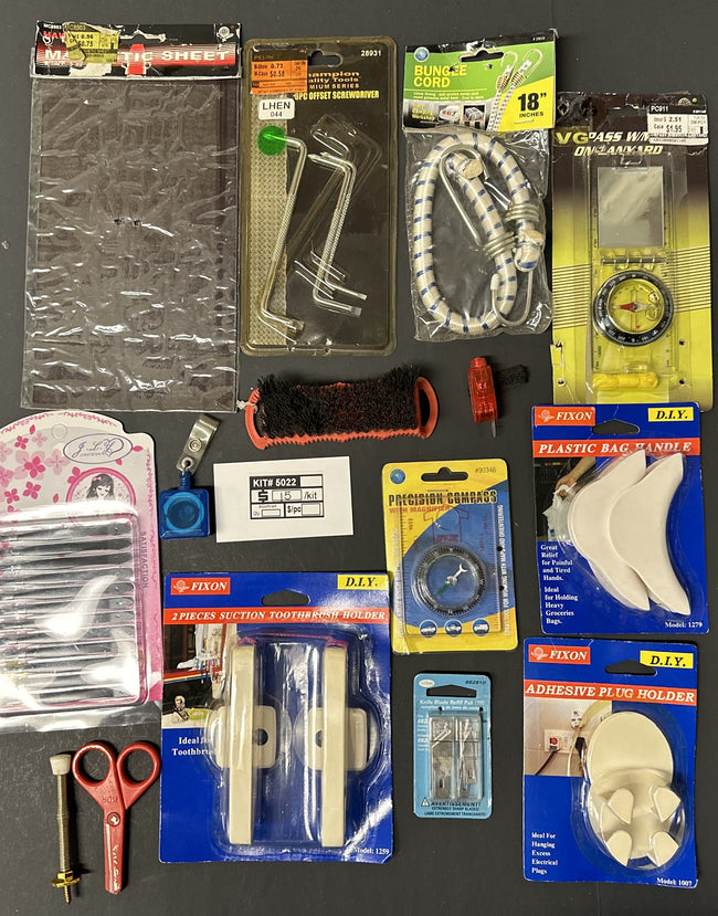 Bulk Closeout Lot Assorted Hardware & Utility Items – Bungee Cord, Compass, Offset Screwdriver, Bathroom Holders & Tools – FREE SHIPPING – FINAL SALE