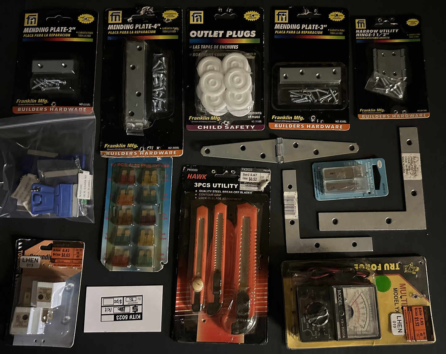 Bulk Closeout Lot Builders Hardware & Electrical Assortment – Mending Plates, Outlet Plugs, Utility Knives, Multimeter & Hinges – FREE SHIPPING – FINAL SALE